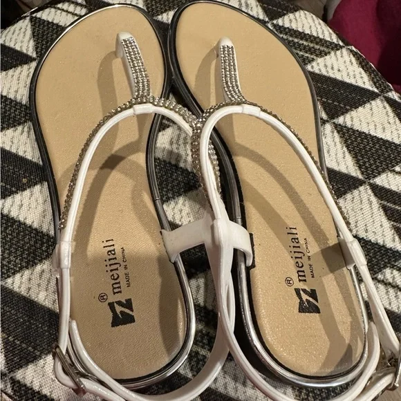 White T-Strap Sandals with Crystal Embellishments - Picture 2 of 4